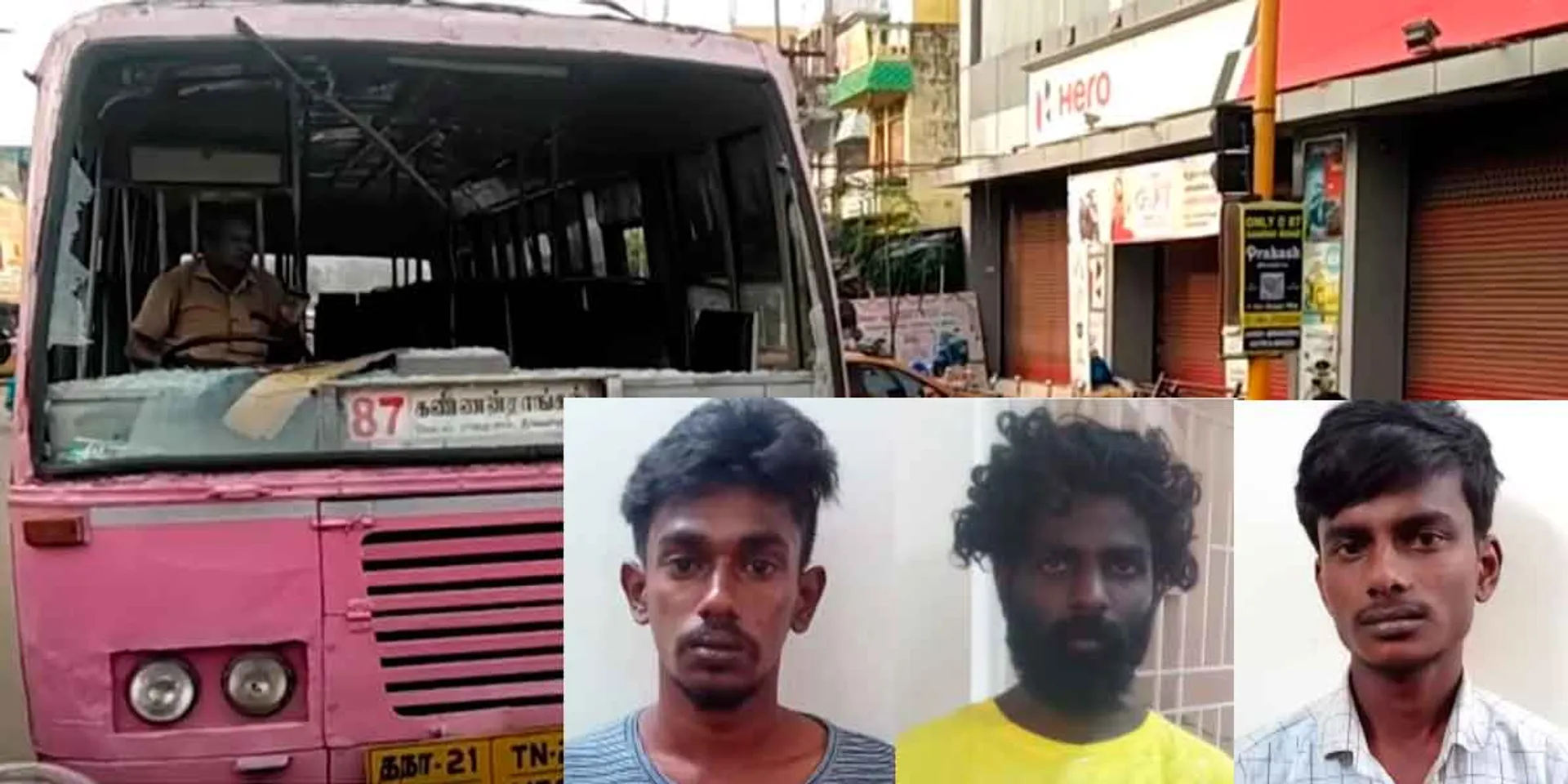  glass breakage of bus; Three people were arrested