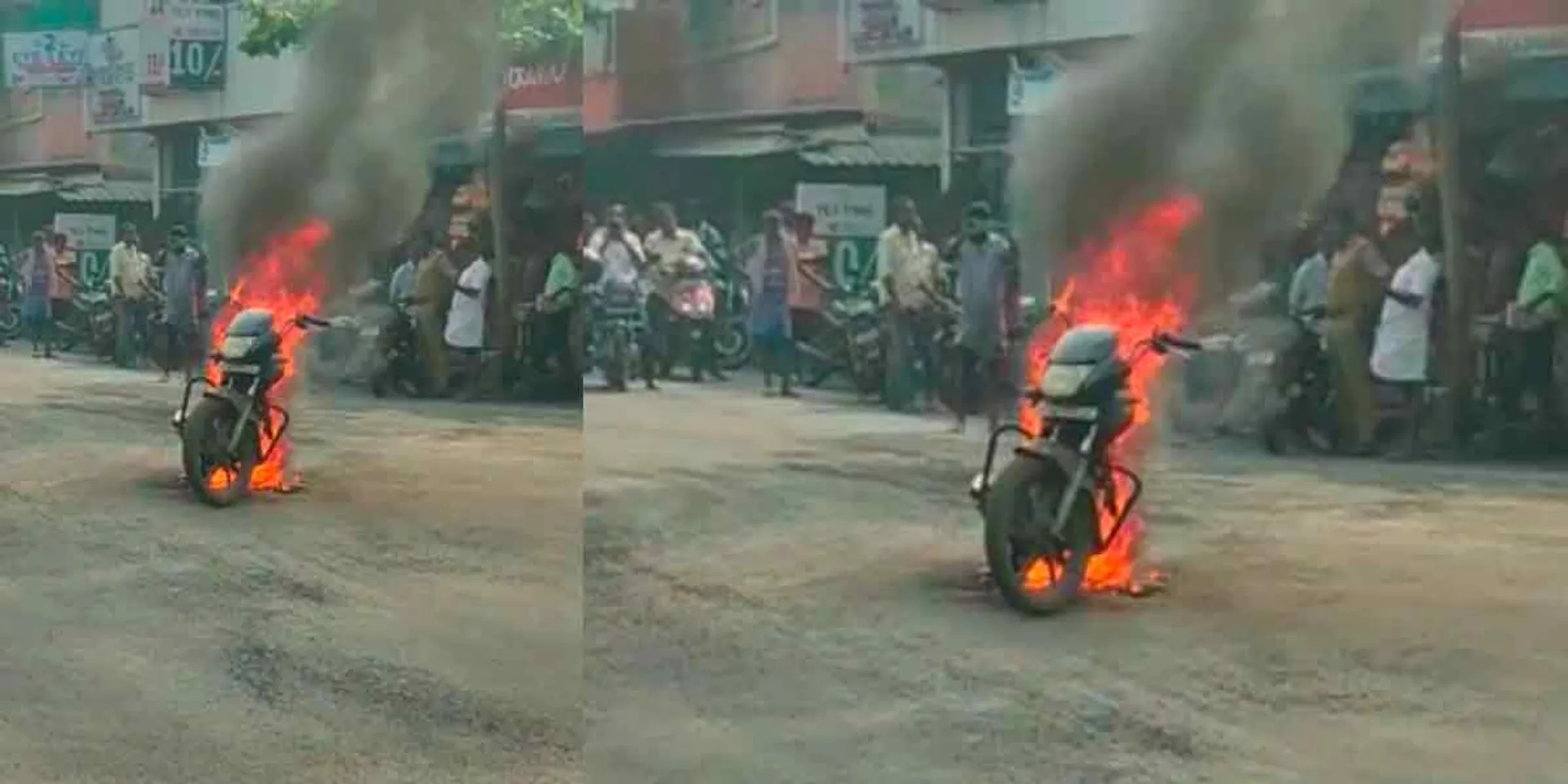Poorly laid road; Atrocious protest by burning a motorcycle