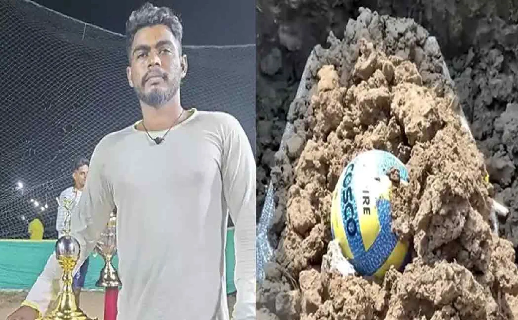 A funeral procession on the shoulders of friends; Akash's body buried with volleyball