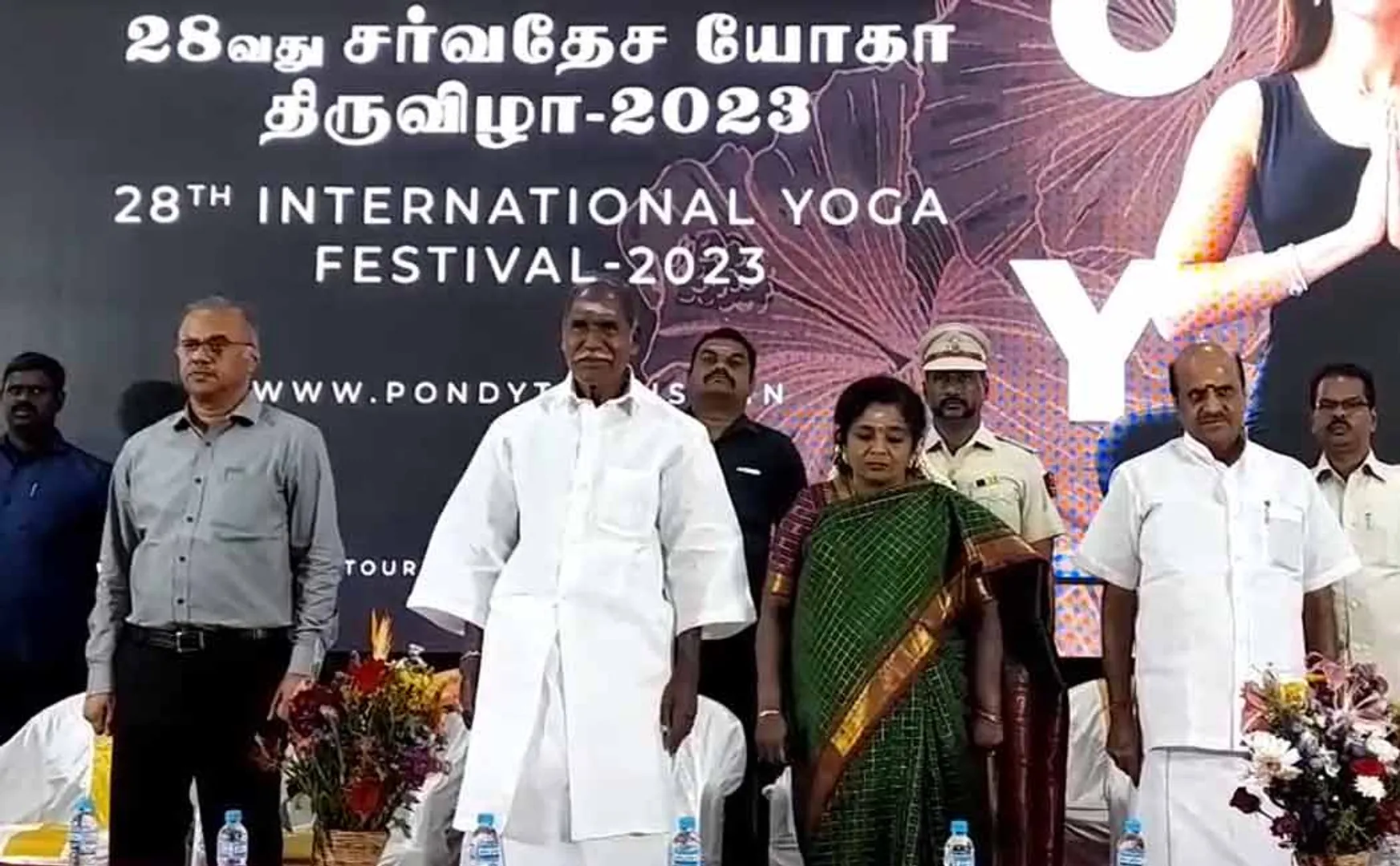 tamilisai soundararajan and rangasamy are participated in 28th international yoga festival celebration in puducherry 