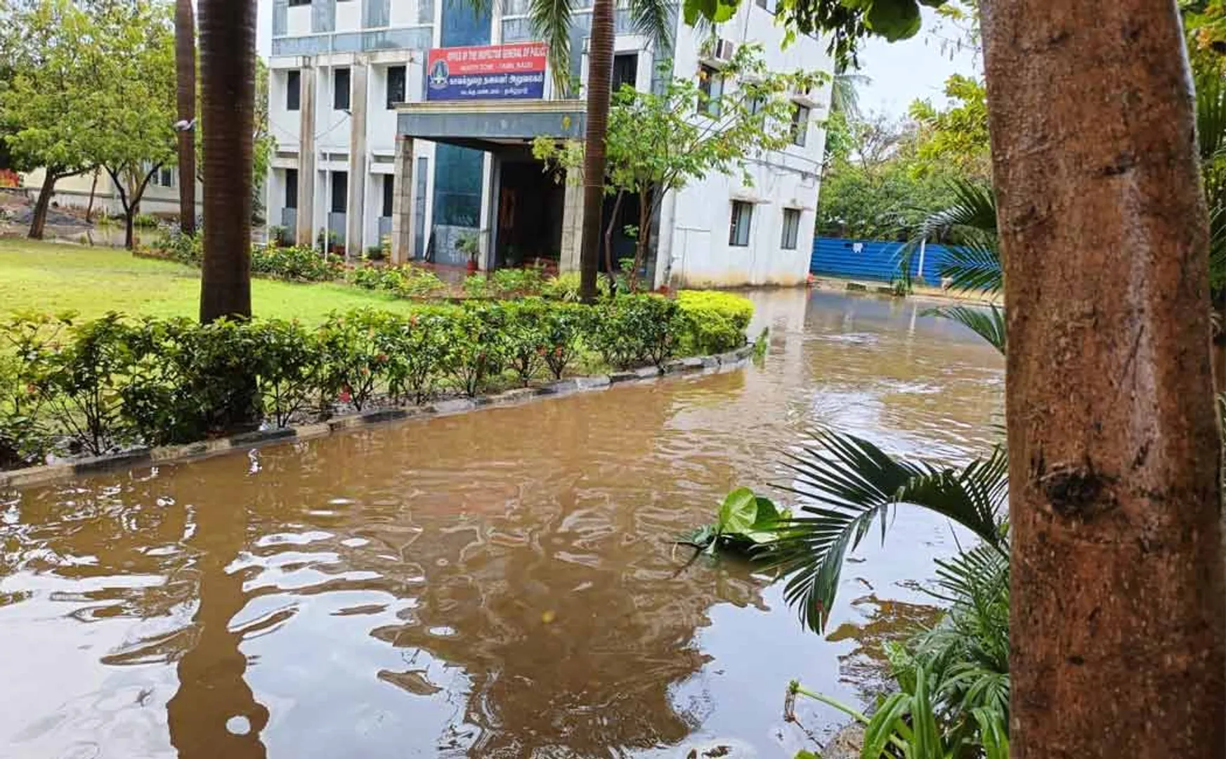 Rainwater surrounds Chennai North Zone Police Headquarters