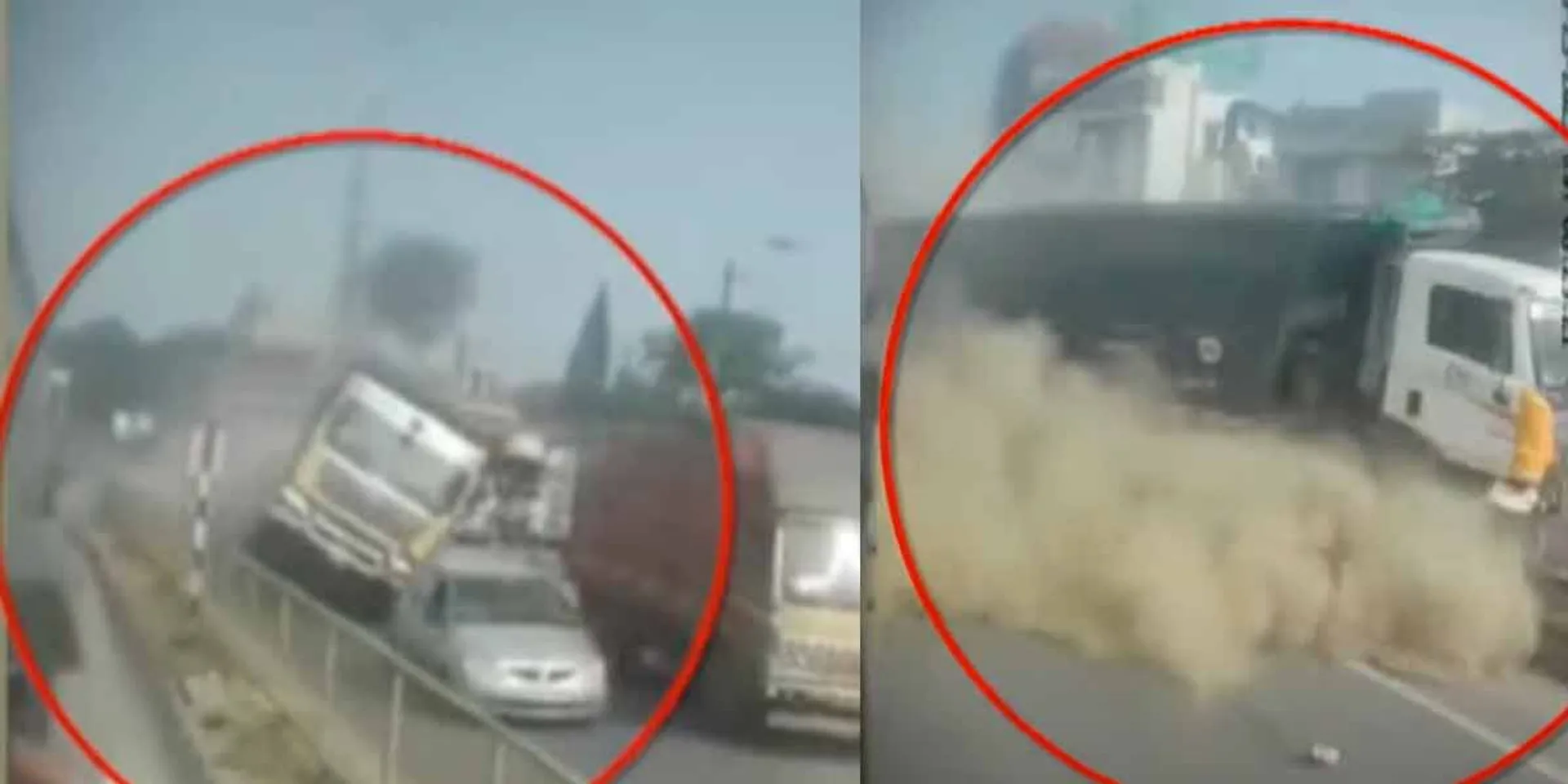 Tipper lorry crashed into a road block; footage of the scene unfolding