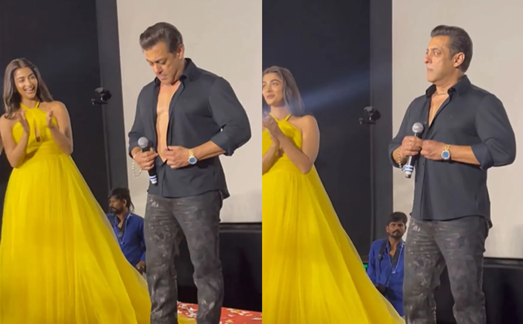  Salman Khan unbuttons shirt in Kisi Ka Bhai Kisi Ki Jaan trailer launch 