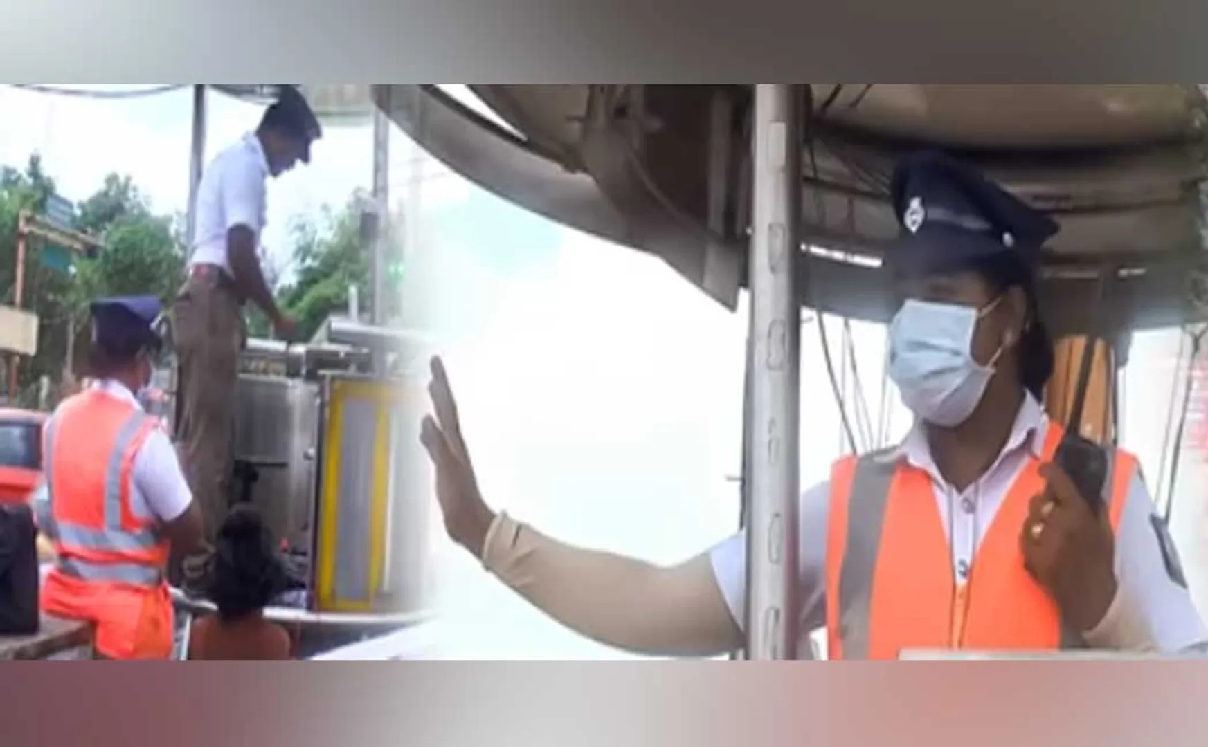   female police officer controlling traffic with a child  video  going viral