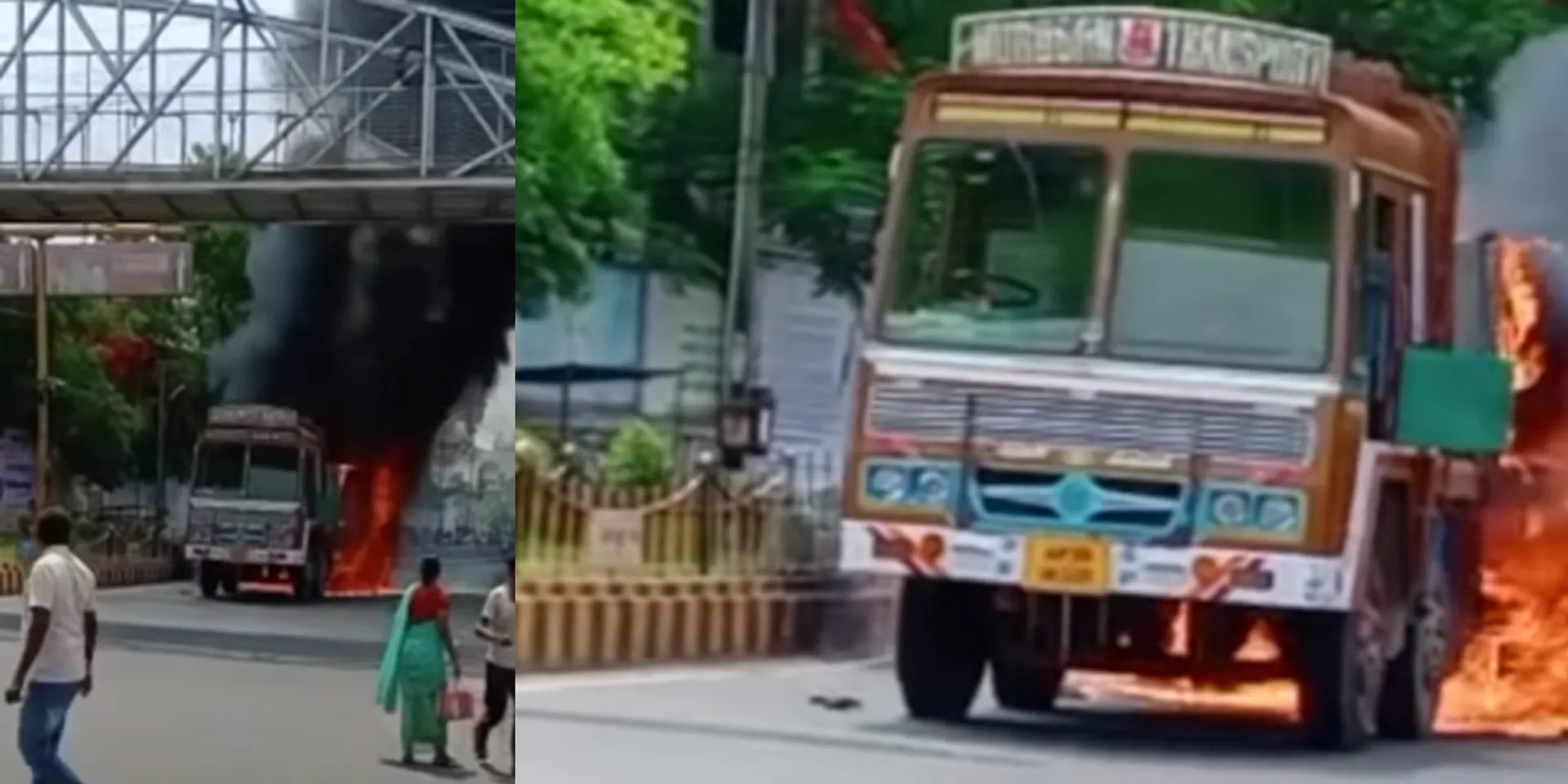 A lorry caught fire in the middle of the road