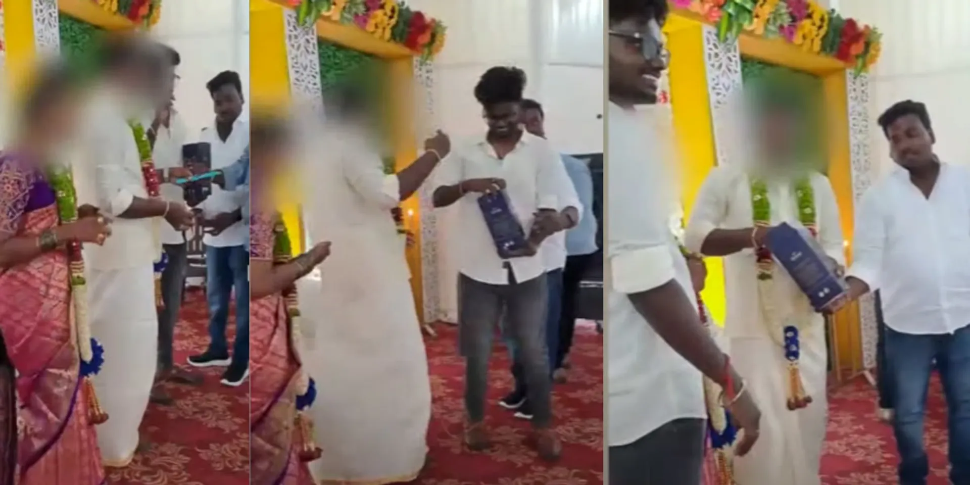  Presenting a bottle of wine at the wedding ceremony; A viral video
