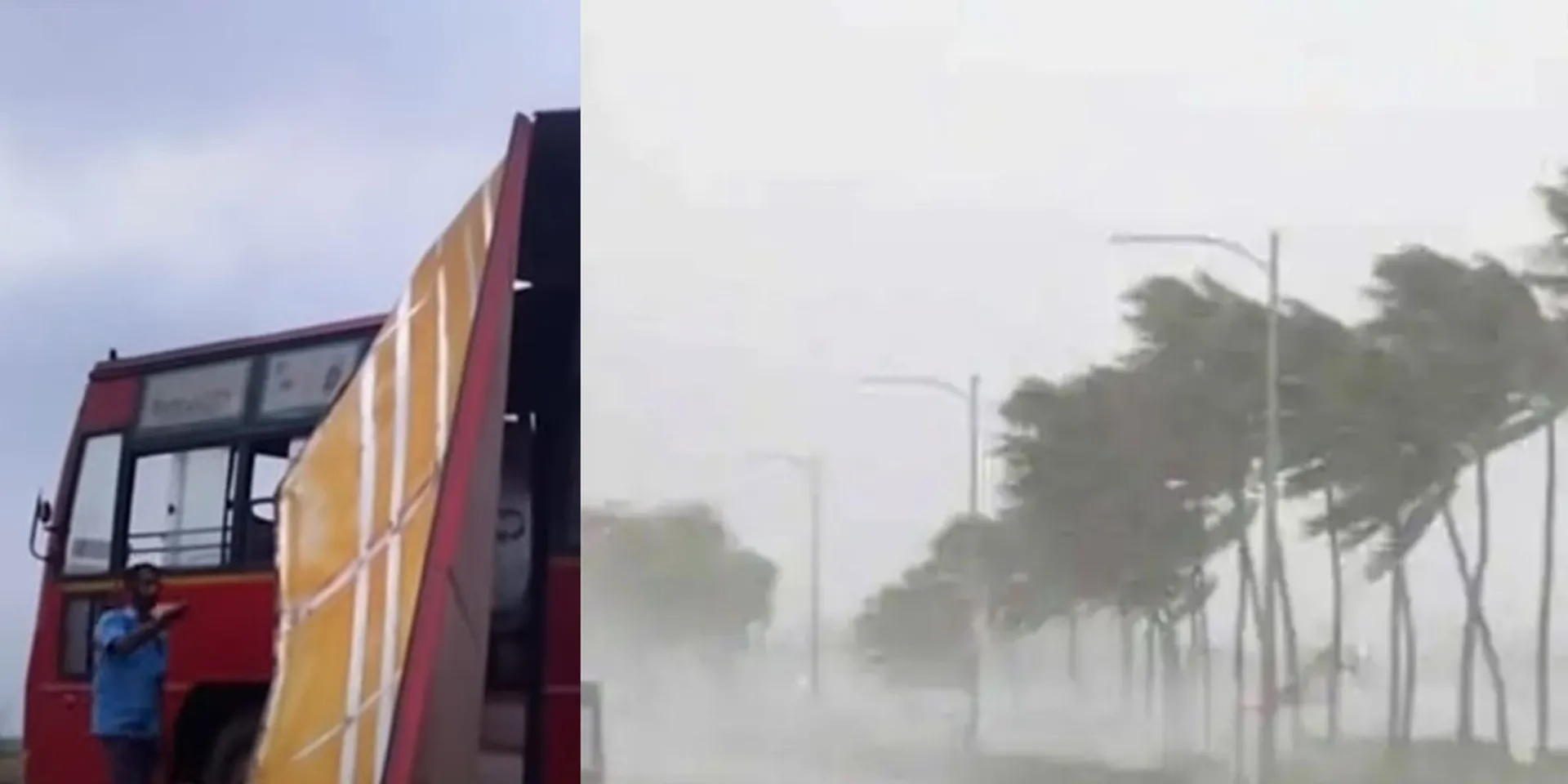 The roof of a wide bus splitting in strong winds