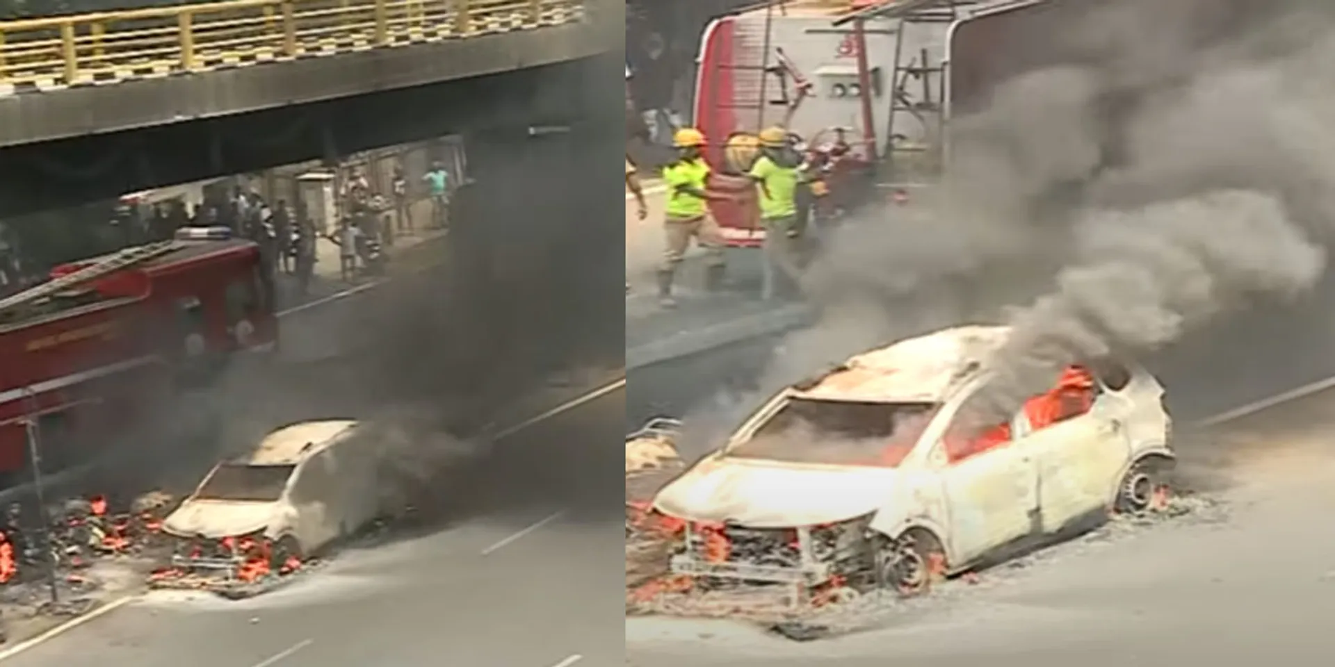 A burnt car about in the middle of the road; Rescuers fought and extinguished the fire