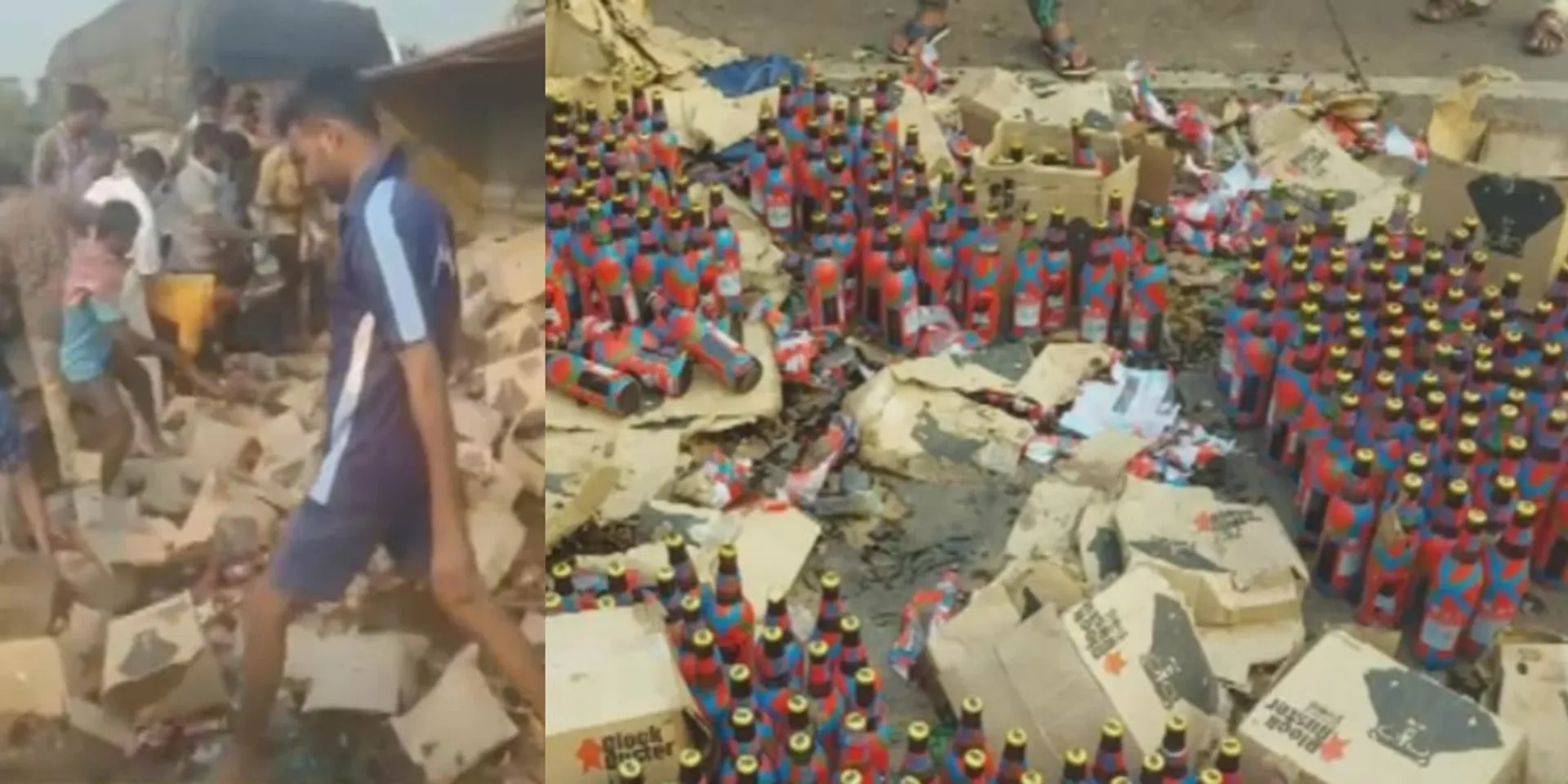  spilled liquor bottles on the road; Citizens carried box by box
