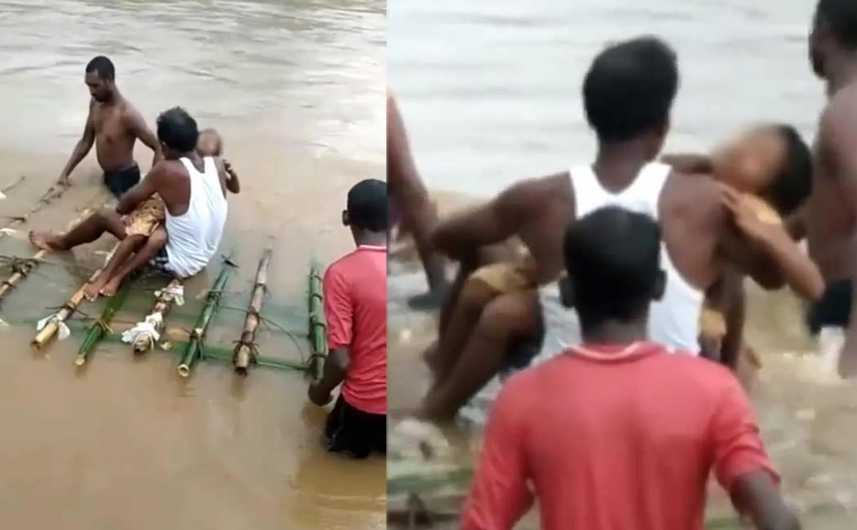 Parents took their daughter treatment by floating on a bamboo boat river  