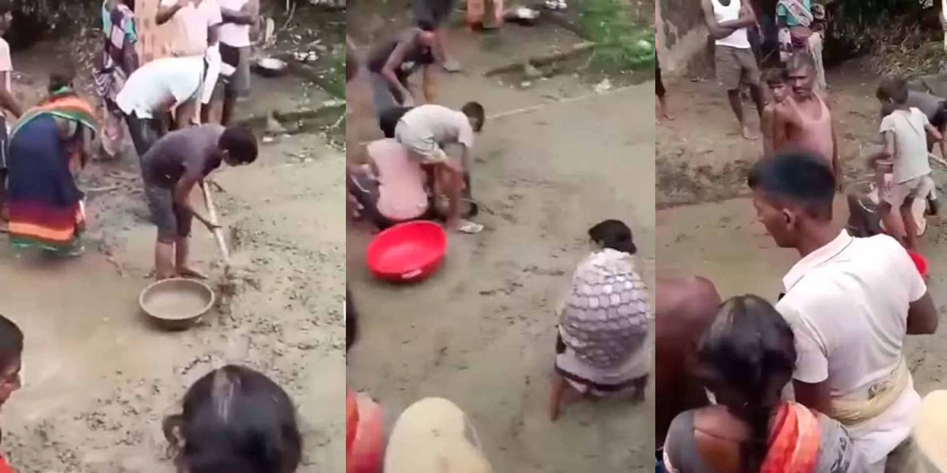 Officials who left the road; People carrying concrete