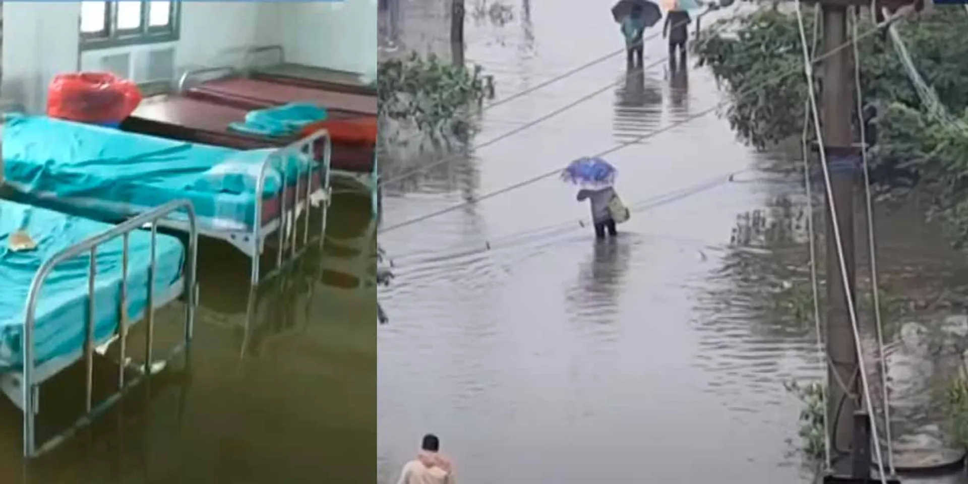 Rainwater surrounds the hospital; patients suffer as water seeps into the hospital