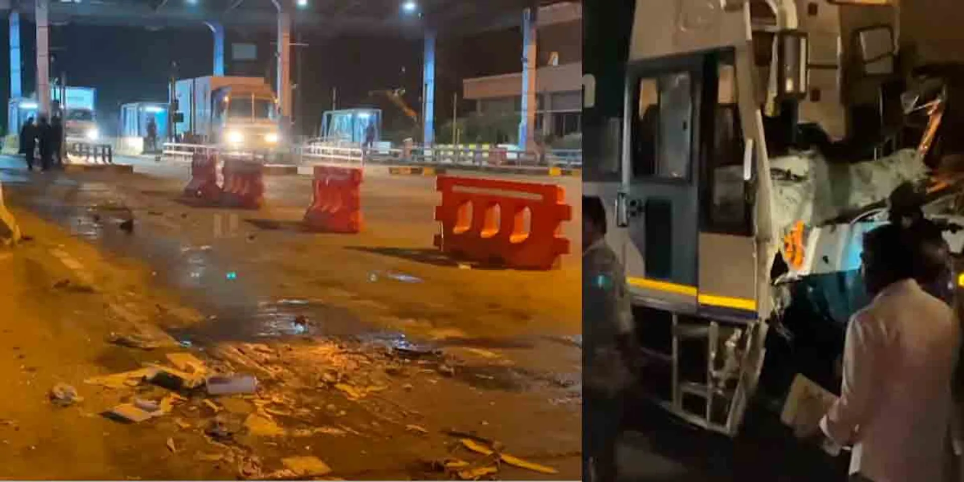 Front tire burst accident of luxury bus; Tollgate destroyed
