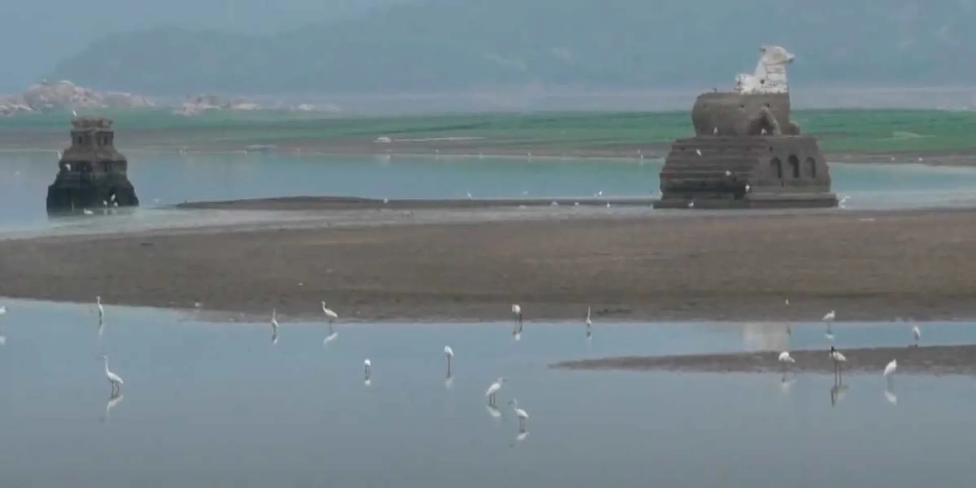 Very low water level; Nandi idol visible outside