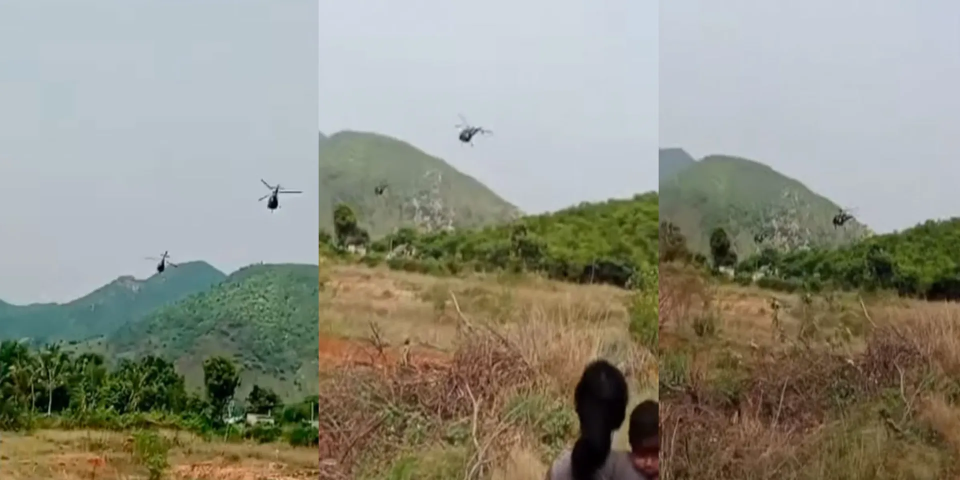  successive landing helicopters; Villagers in fear
