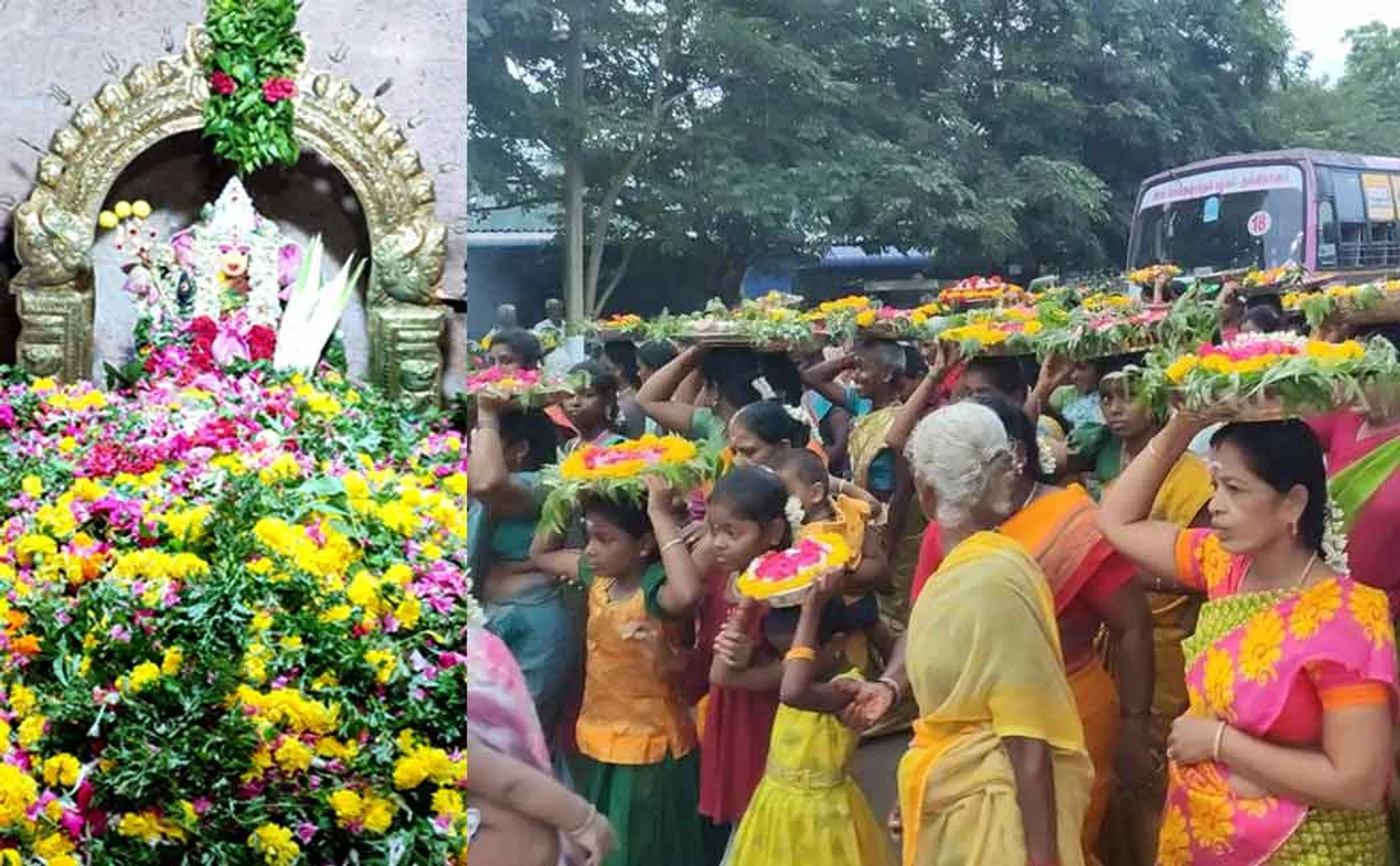 Muthumariamman temple flower sprinkling festival Tons of flowers