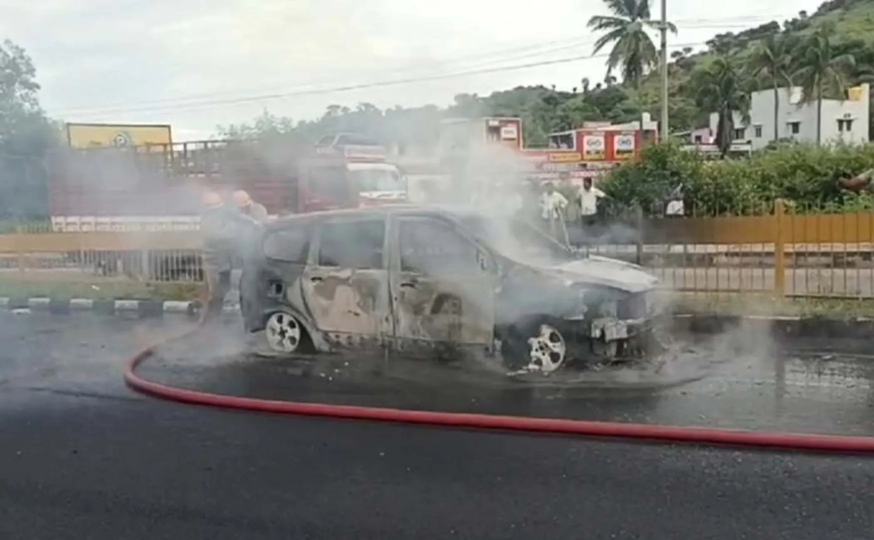 car on the national highway caught fire