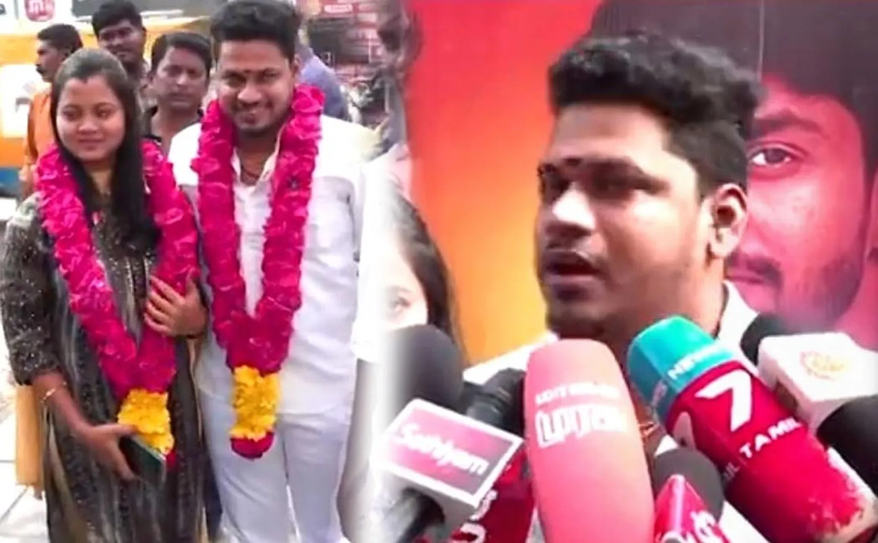 A new married couple celebrating vijay the goat