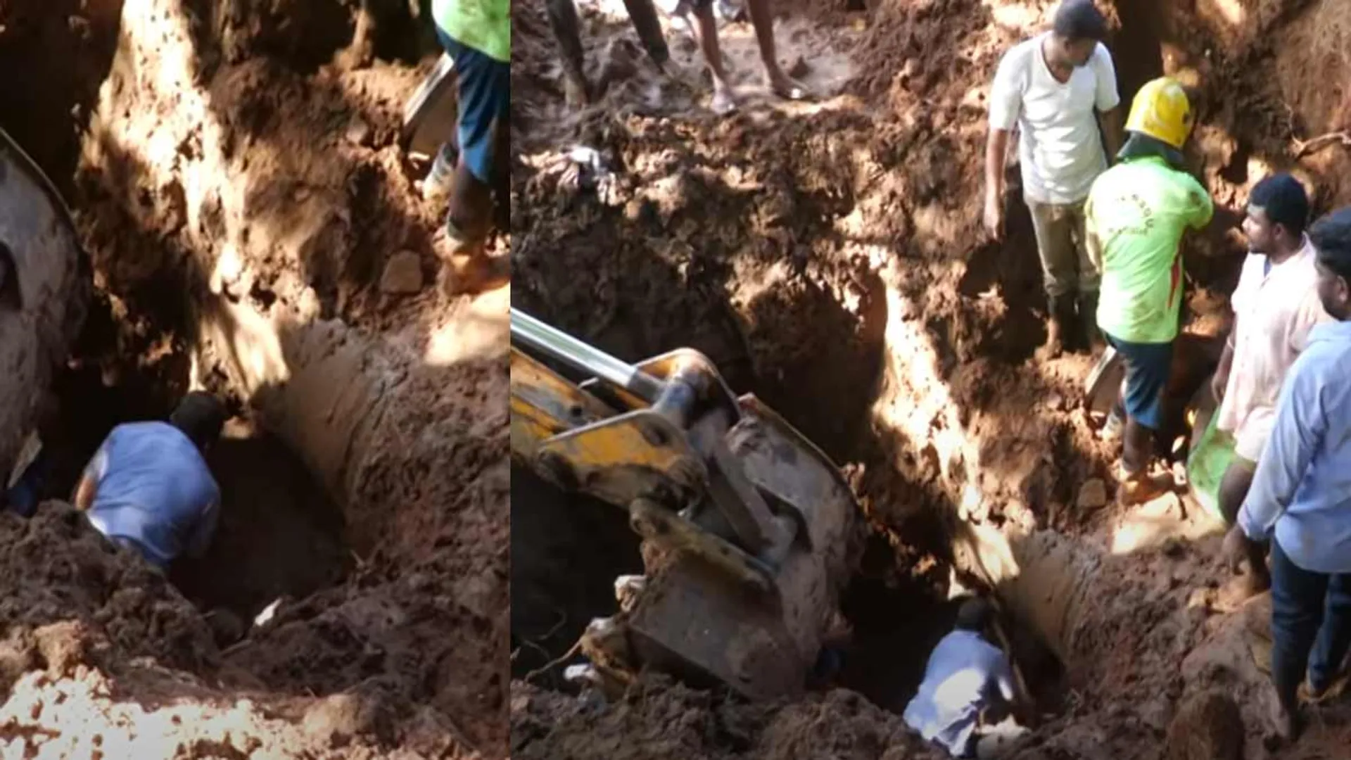 A worker stuck in a ditch; Firefighters struggling to rescue