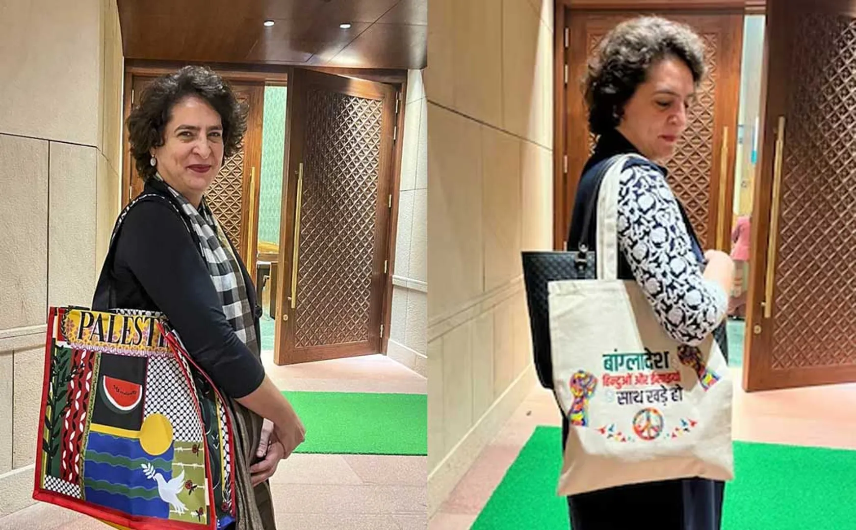  Priyanka Gandhi attracts attention on Palestine and Bangladesh support bags