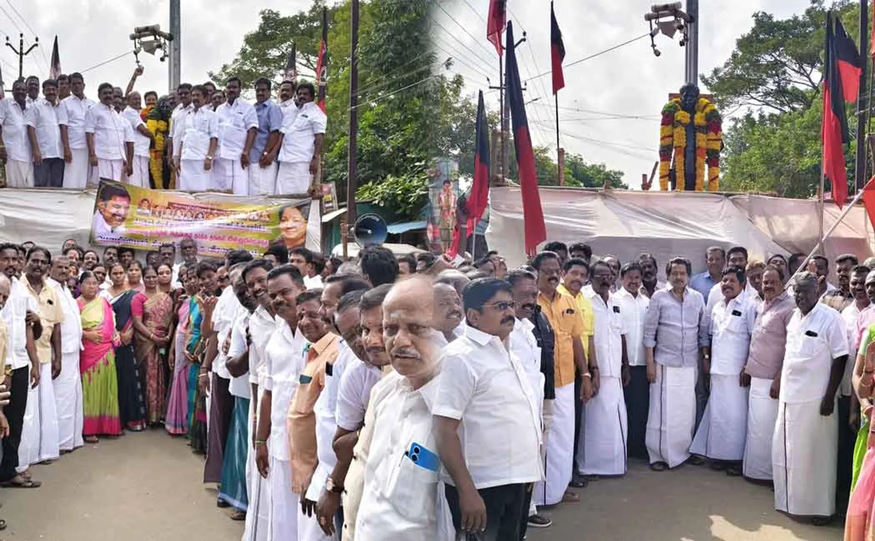 politicians  pay homage to statue of language martyr Rajendran 