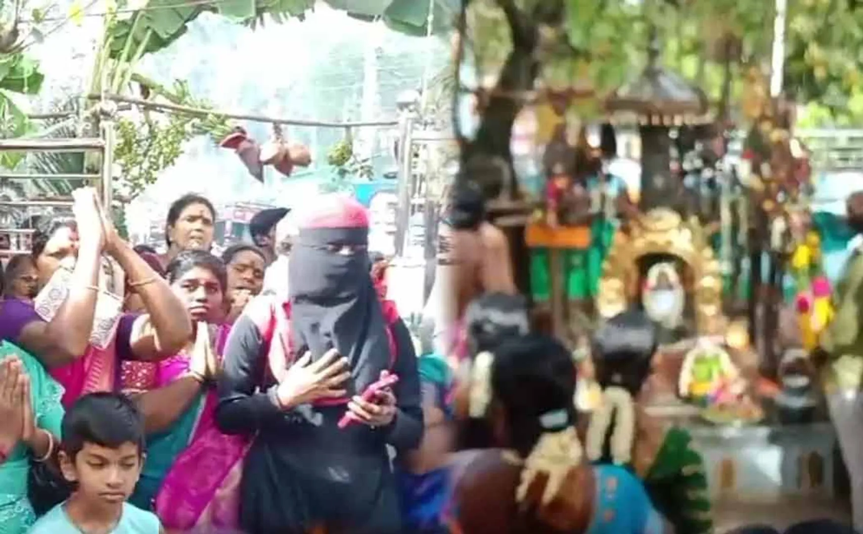 Muslim woman bowing in worship at the Veeramuni Andavar temple.