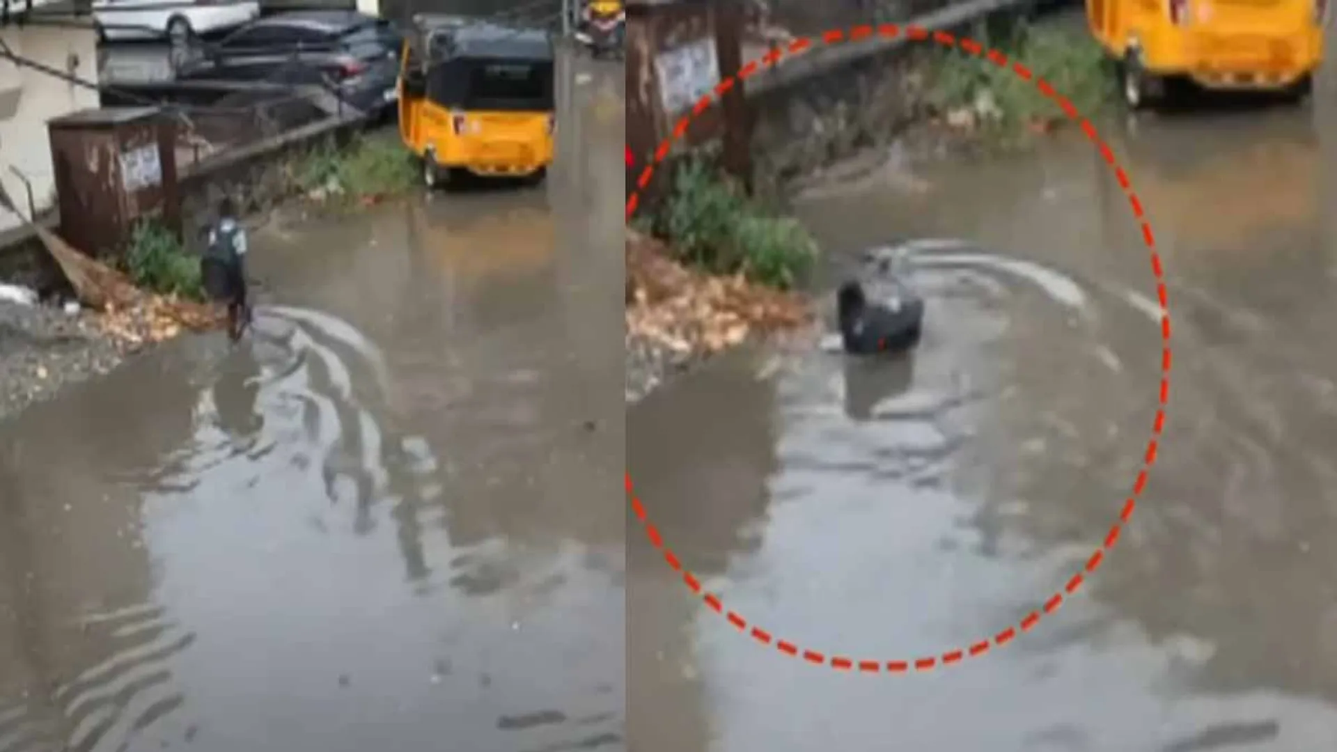 Student walks through the rain with an electrocuted hand.