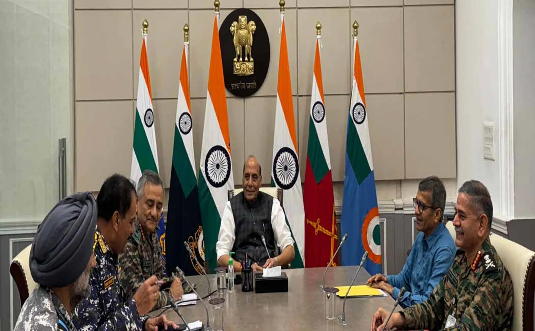 Union Minister Rajnath Singh holds consultations with the Chiefs of the Tri Services 