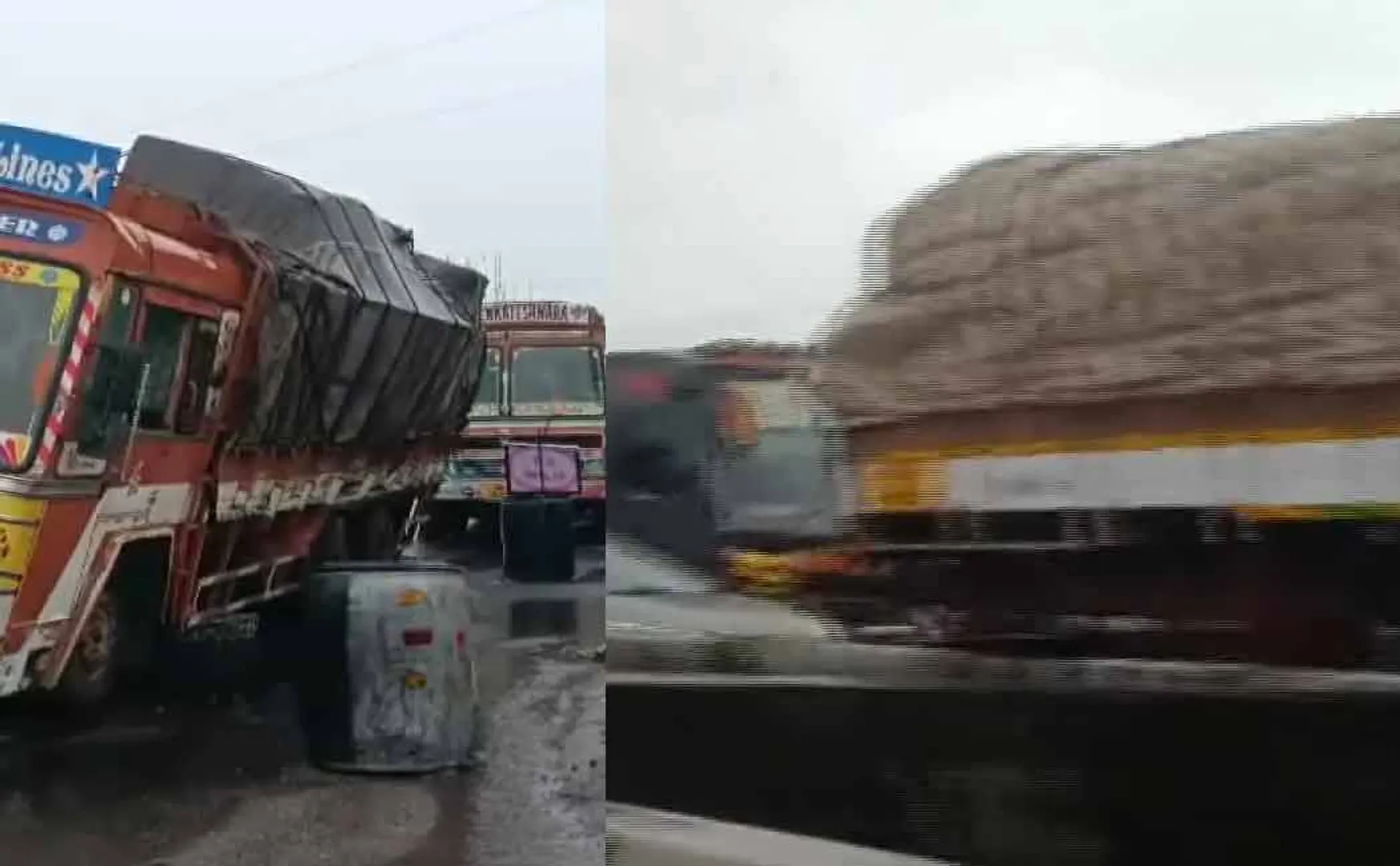 Lorry repairs on the National Highway Vehicles lined up