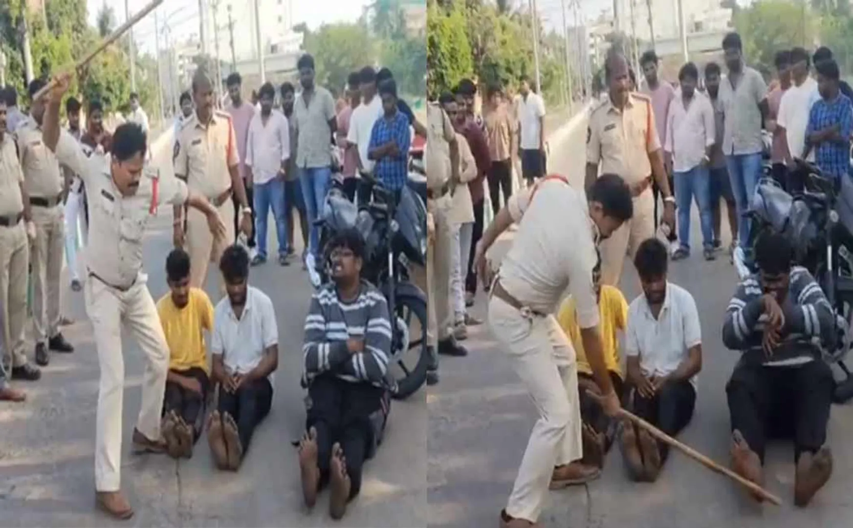 Police beat youths with lathi in the middle of the road in andhra pradesh