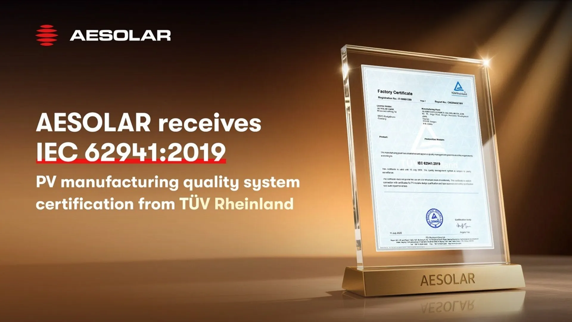 AESOLAR modules have passed IEC tests for corrosion, mechanical load, low irradiance, and PID resistance with strong performance data.