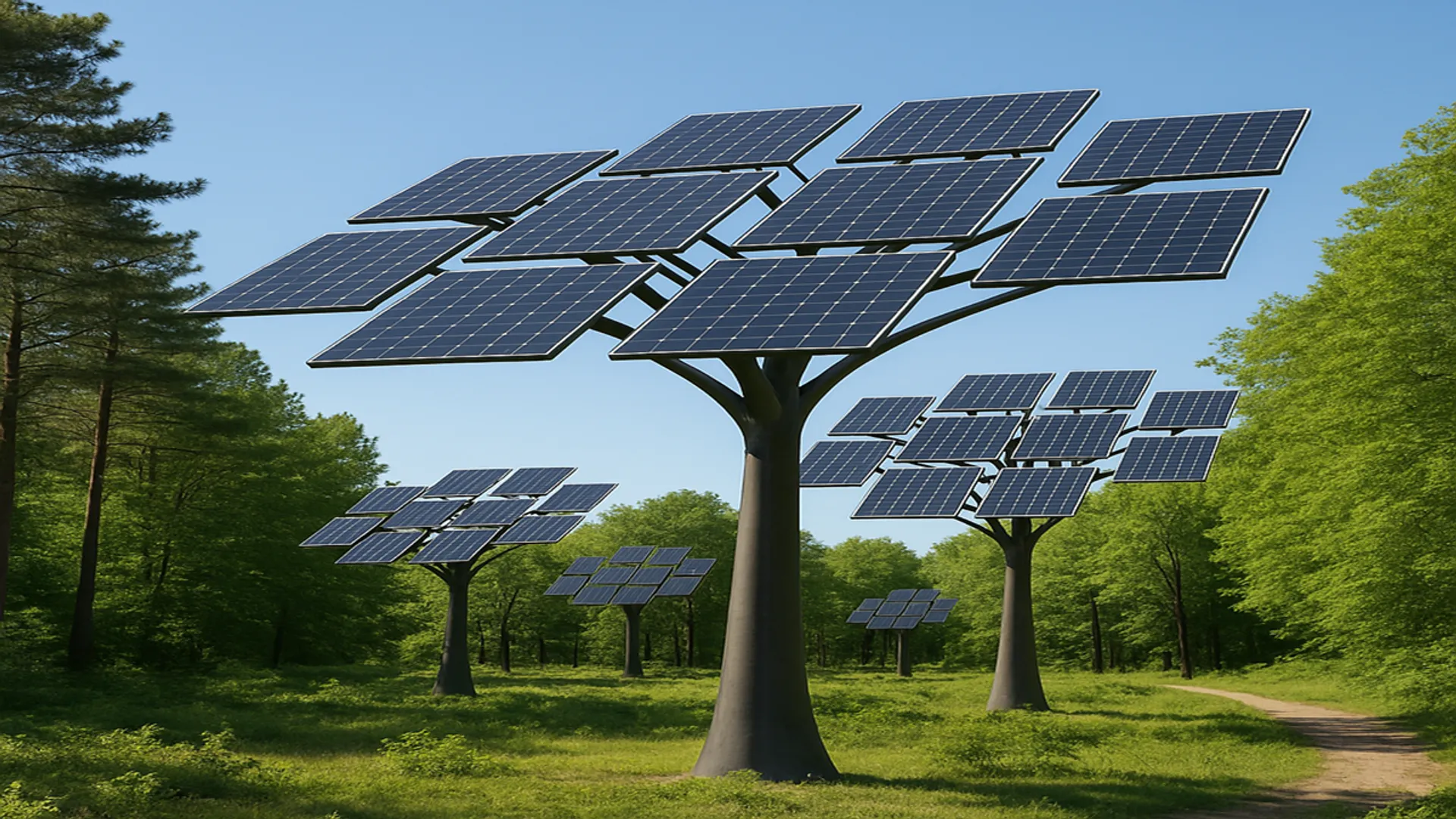 The Goseong County solar tree project was shown to preserve forest cover while delivering 1 MW capacity equal to flat panels.