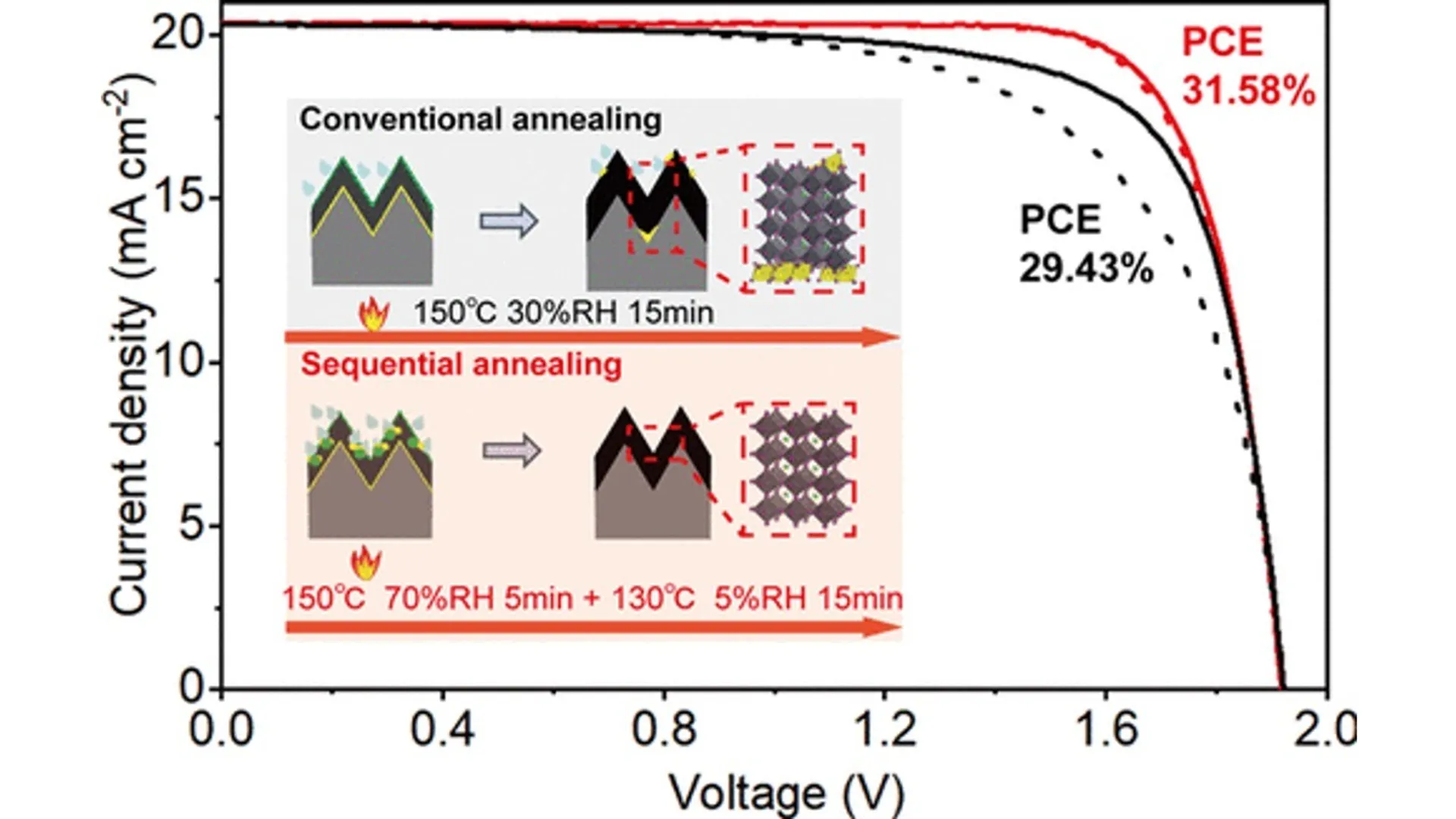 The sequential annealing process has regulated crystallization under humid air conditions, reducing degradation and enhancing perovskite film stability.