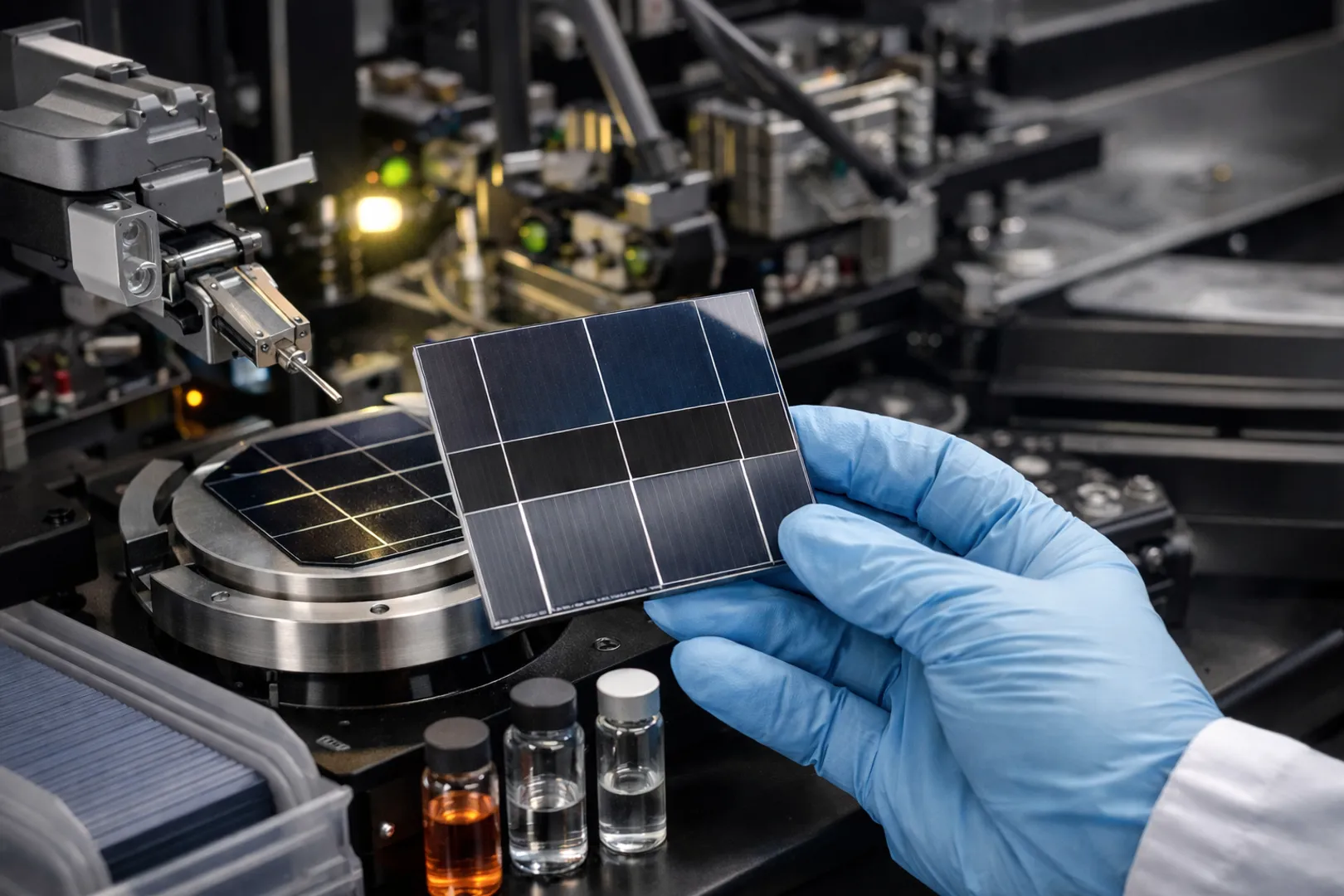 Cell fabrication used industrial 110 μm silicon wafers with optimized perovskite passivation and low-damage TCO layers.