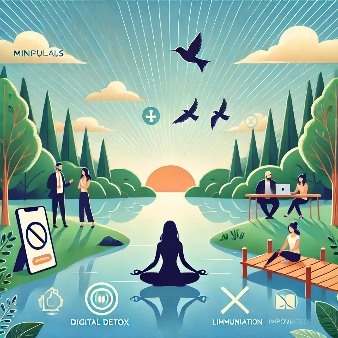 Here is the illustration based on the article about mental health solutions and psychological strategies for coping with digital world challenges. It visually represents mindfulness, digital detox, communication improvement, limited screen time, and support from family and friends.