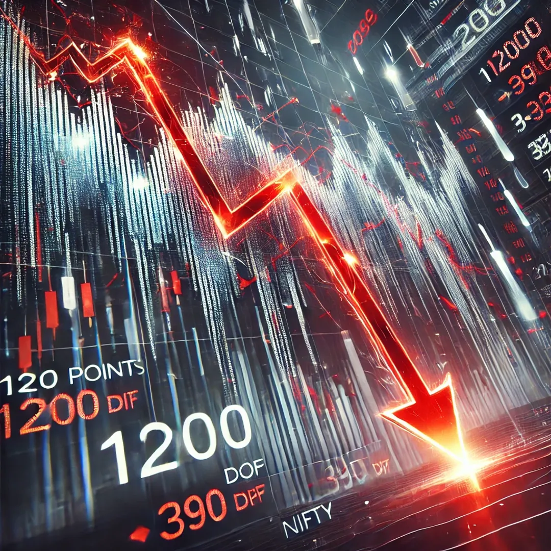 "शेयर बाजार में भारी गिरावट: सेंसेक्स 1200 अंक नीचे, निफ्टी में 390 अंक की गिरावट"