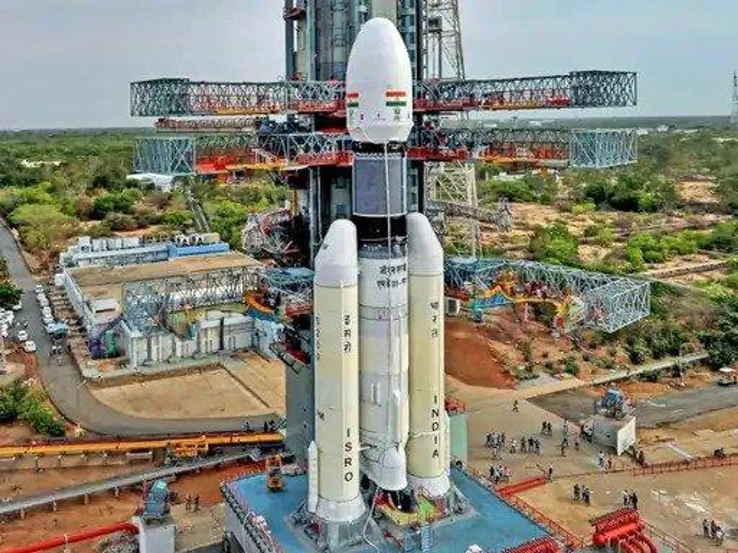 "ISRO's LVM-3 rocket launching a satellite into Earth's lower orbit for enabling direct smartphone calls from space, a revolutionary step in satellite communication technology."