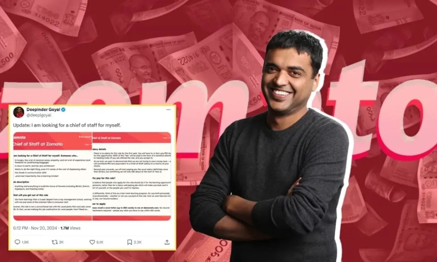 Zomato CEO Trolled for Offering 'no salary' job with Rs 20 Lakh Fee