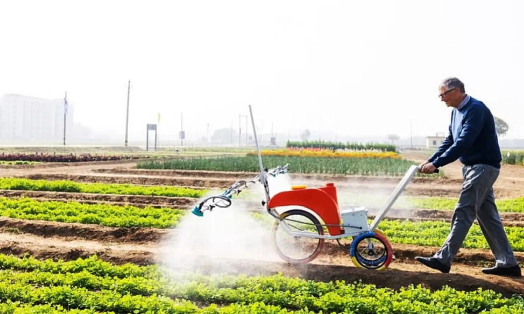 Bill Gates tries new pesticide sprayer designed by Indian startup to make farming easier