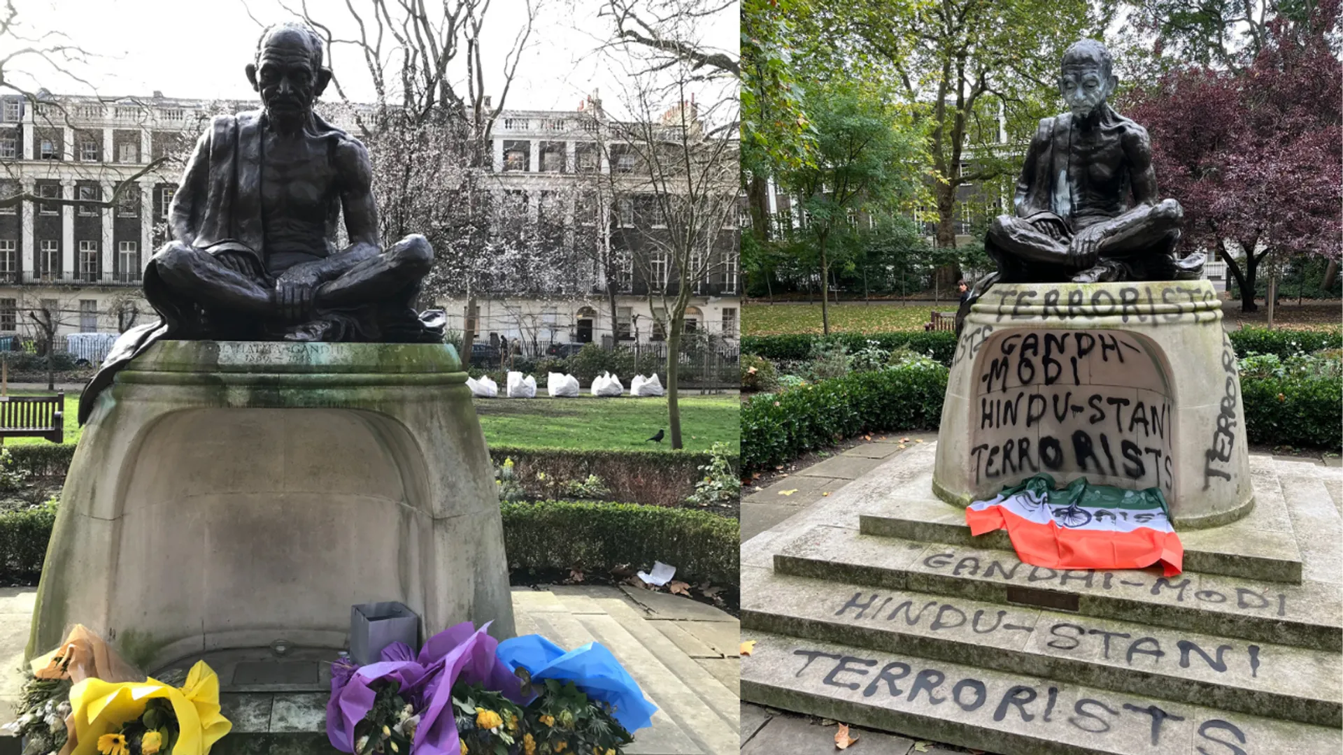 Mahatma Gandhi statue defaced with graffiti in London; Indian High Commission reacts post image