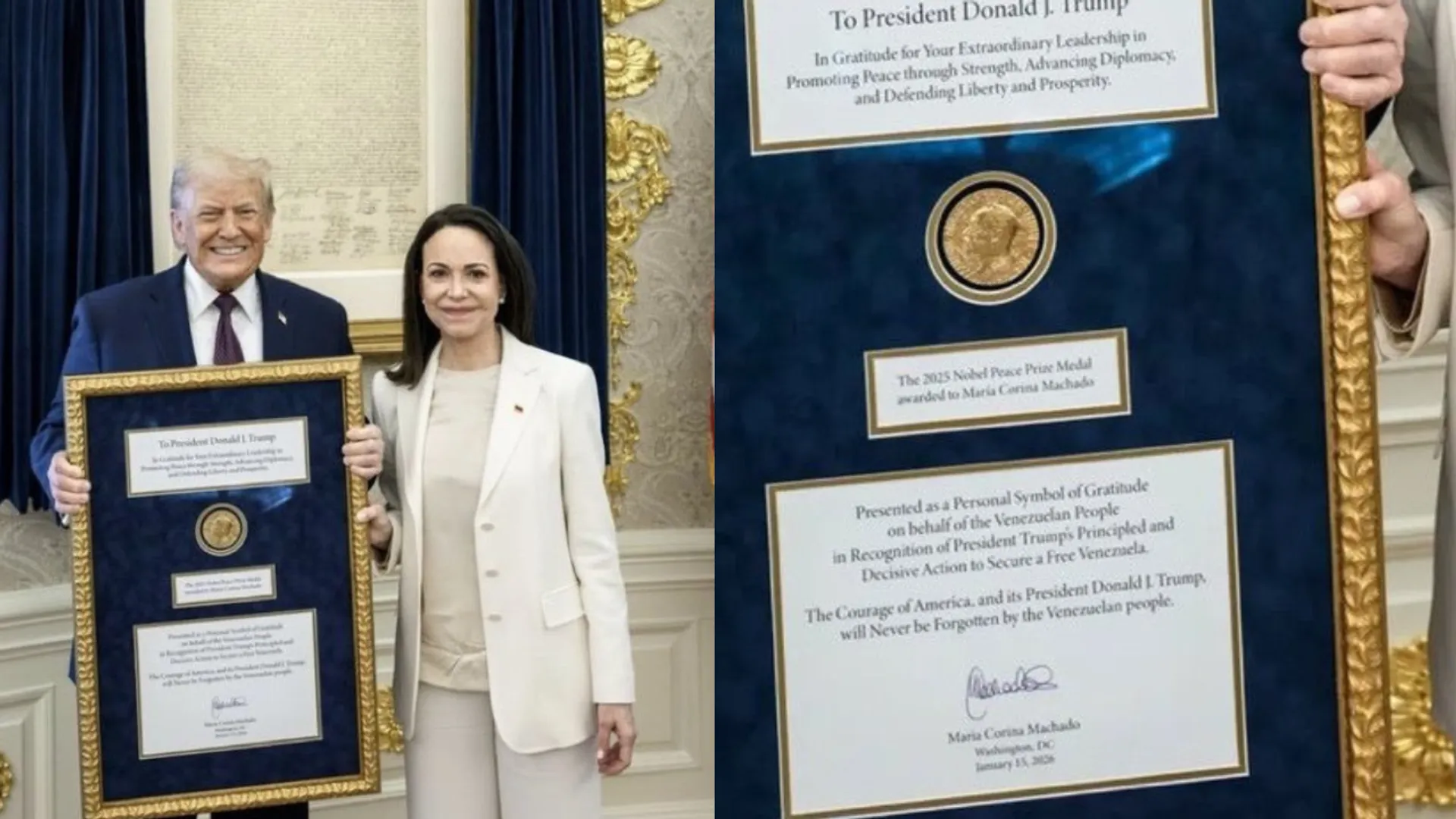  Trump poses with Nobel prize, institute says award cannot be given or transferred 