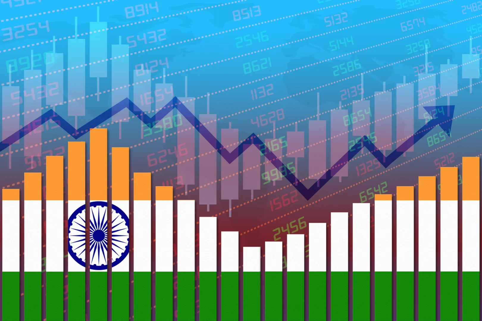 Flag of India on bar chart concept of economic recovery and business improving after crisis such as Covid-19 or other catastrophe as economy and businesses reopen again.