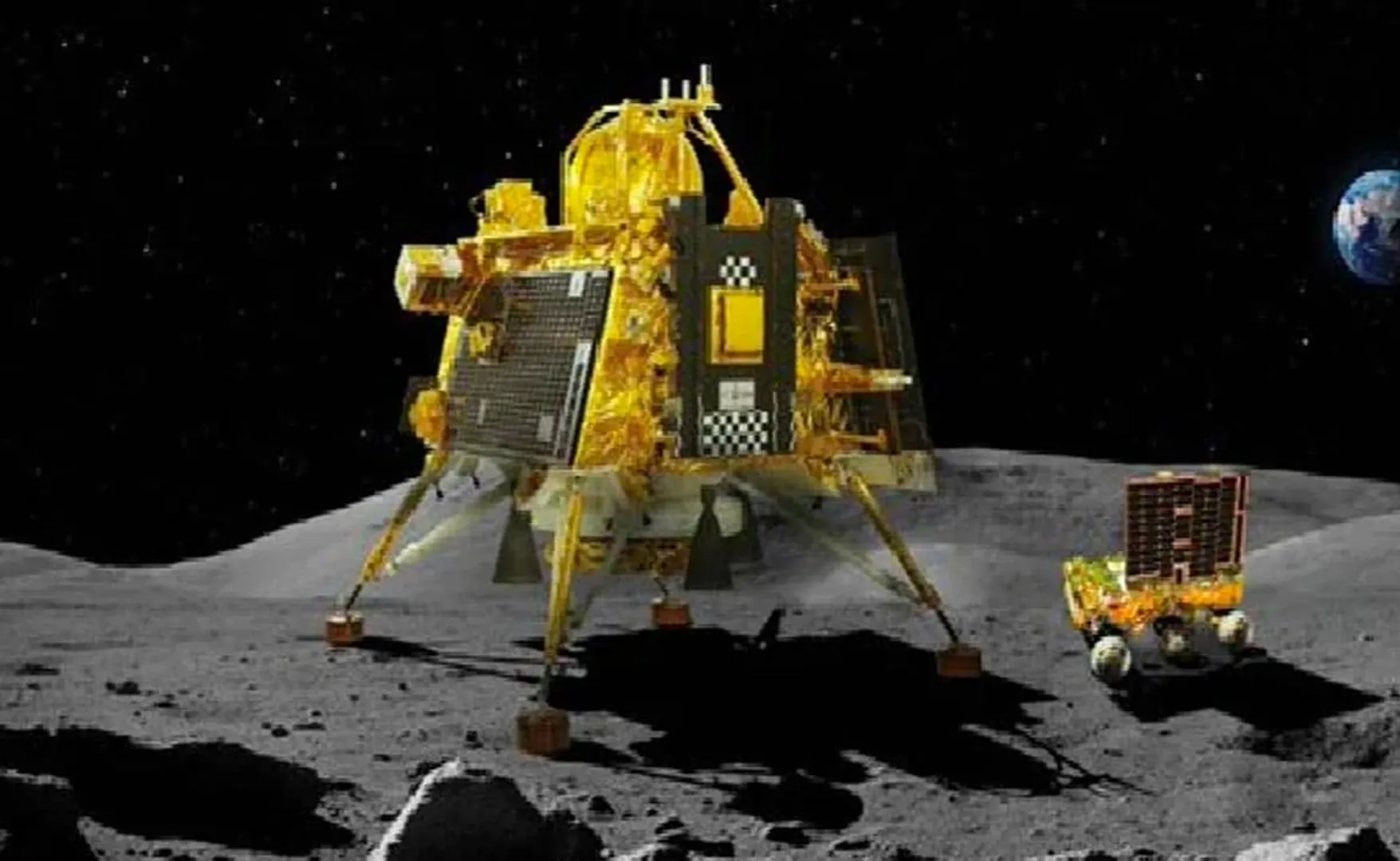 Animated representation of Vikram Lander's successful soft landing on the Moon's surface.