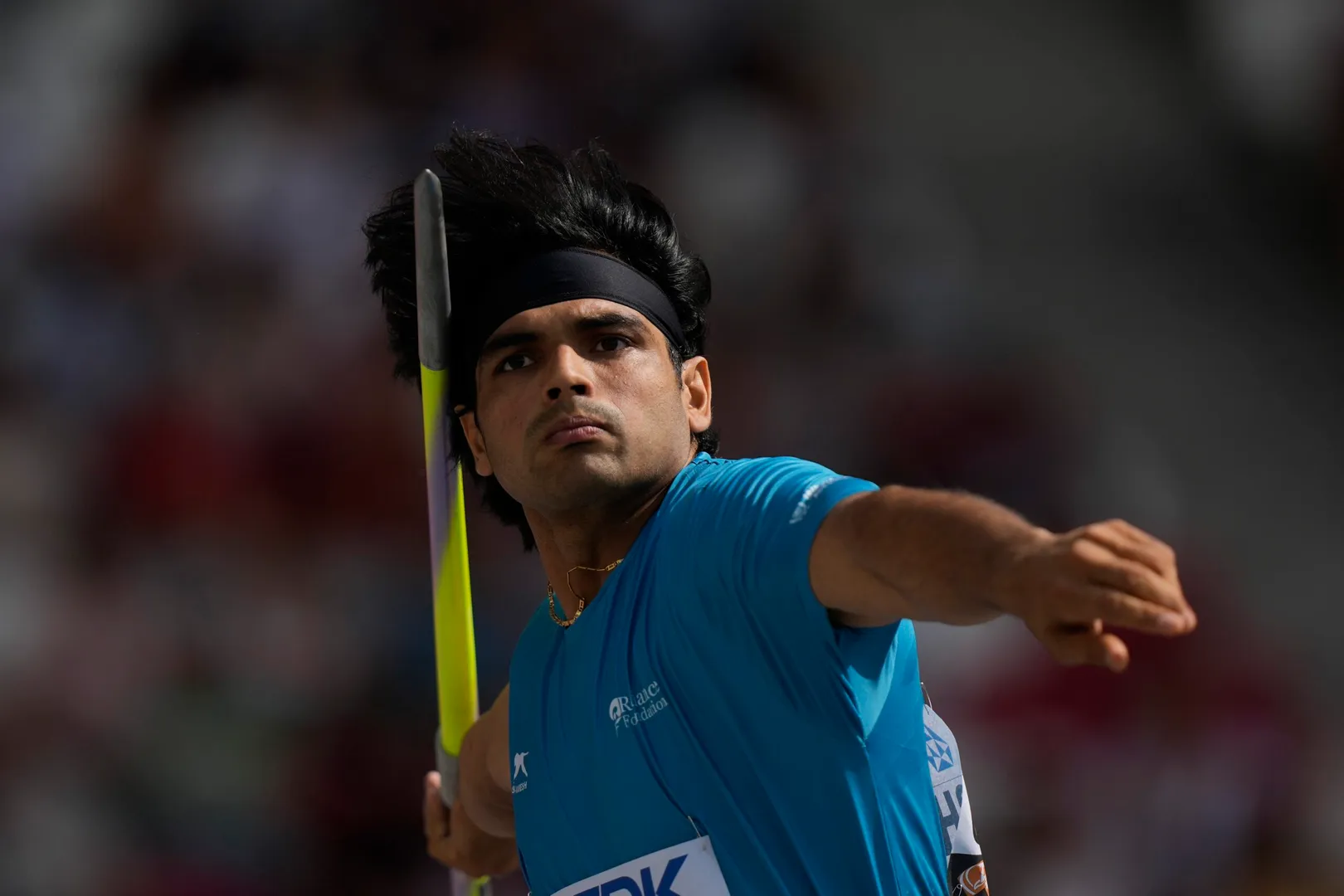 Neeraj Chopra, of India, makes an attempt in the Men's javelin throw qualification during the World Athletics Championships in Budapest, Hungary, Friday, Aug. 25,
