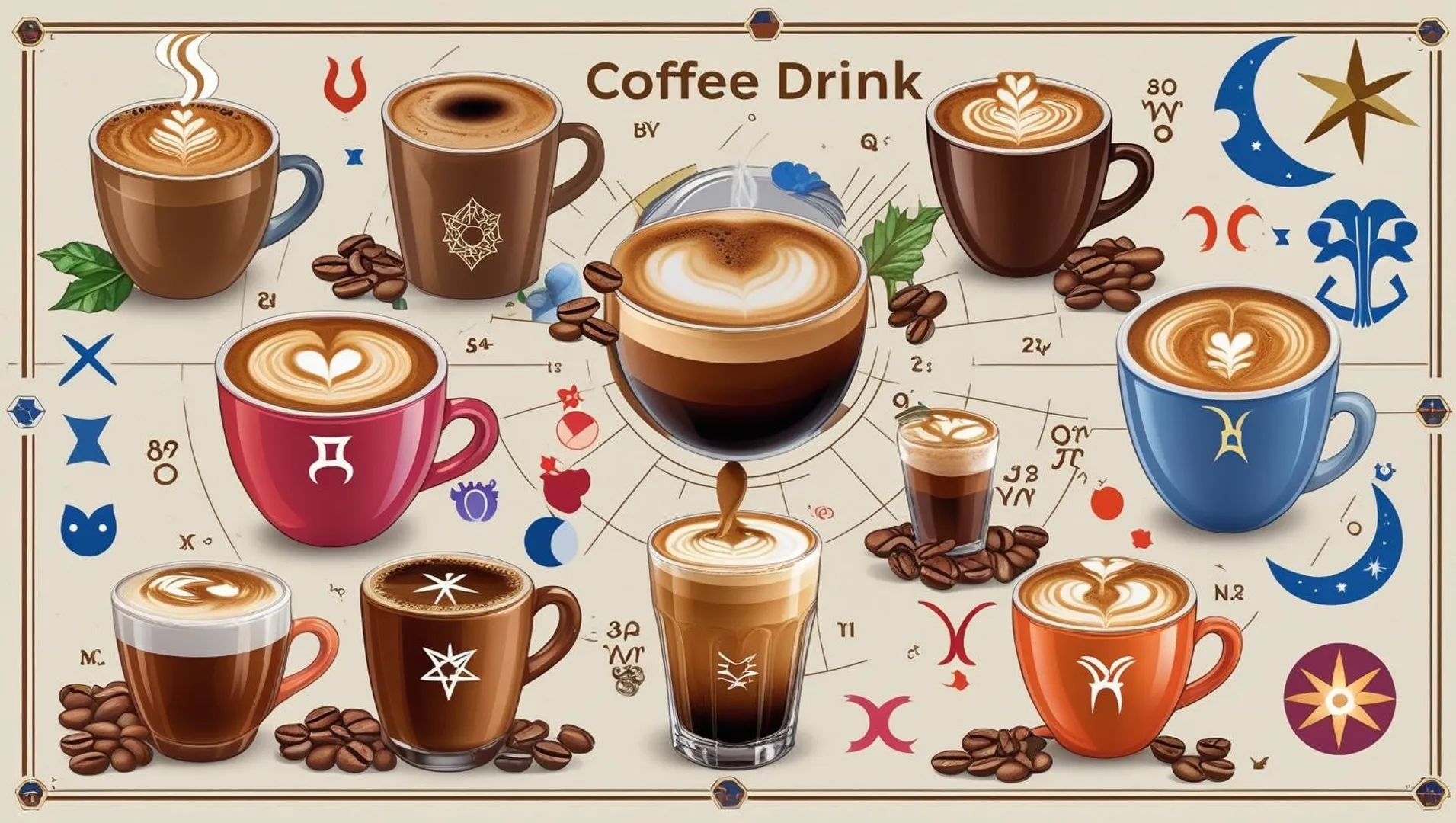 CREATE AN ZODIAC STYLE IMAGE FOR COFFEE.. THE TOPIC IS - Your Coffee Order Is Basically Your Star Sign, So What’s Your Brew Sign__DO NOT ADD TEXT. SIZE IS 1280X 720