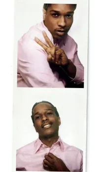 two photographs of a person wearing a pink shirt showing hand gestures