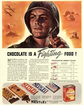 Nestle's, Propaganda Chocolate Sweets WWII Chocolate Is a Fighting Food,  USA (1940) #Advertising #Vintage #World War II