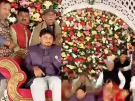 വരനെയും വധുവിനേയും അനു​ഗ്രഹിക്കാനും‌ ആശംസ നേരാനും ബിജെപി നേതാക്കൾ കയറിനിന്നതോടെ സ്റ്റേജ് പൊളി‍ഞ്ഞുവീണു. അപകടത്തിൽ ബിജെപി നേതാക്കൾ ഉൾപ്പെടെയുള്ളവർക്ക് പരിക്ക്