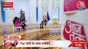 India Today and Aaj Tak journalists Geeta Mohan and Anjana Om Kashyap with Russian President Vladimir Putin during a world-exclusive interview at the Kremlin in Moscow on Wednesday, December 3, 2025. The interview aired on Thursday, December 5, at 9 pm IST.