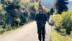 Security forces personnel during an encounter with terrorists in Kishtwar district of Jammu and Kashmir.